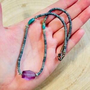 VTG Blue Sponge Coral Necklace Heishi beads Beaded Turquoise Amethyst beaded 15"